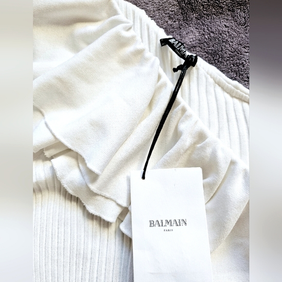 Balmain One-shoulder Ruffled Ribbed-knit Top Size 8 - Picture 2 of 12